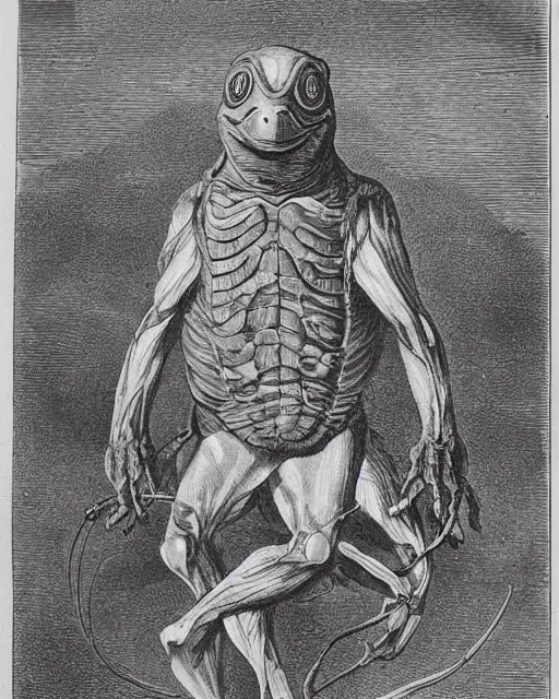 Image similar to A victorian naturalist\'s illustration of a ninja turtle, anatomical notes with labels, pen and ink