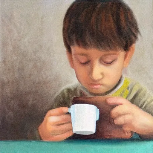 Prompt: ! little boy drinking hot chocolate and looking at a wallet near him on the table. painting.