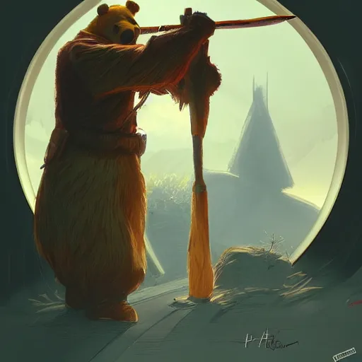 Image similar to Winnie the Pooh executioner, highly detailed, digital painting, artstation, concept art, sharp focus, illustration, art by artgerm and greg rutkowski and alphonse mucha,