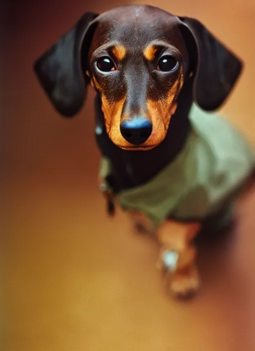 Prompt: Portrait of a dachshund, Leica m6, 85mm, fine-art photography, f/1.8, by Steve McCurry