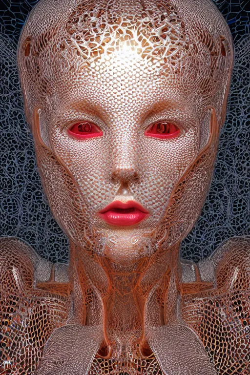 Image similar to a melancholic realistic 8k Sculpture of a complex robotic human face, liquid simulation, bright psychedelic color, dramatic lighting, silver gold red details, hexagonal mesh wire, filigree intricate details, cinematic, fleshy musculature, white blossoms, elegant, octane render, art nouveau, 8k post-processing, intricate art by John Collier and Albert Aublet and Krenz Cushart and Artem Demura and Alphonse Mucha