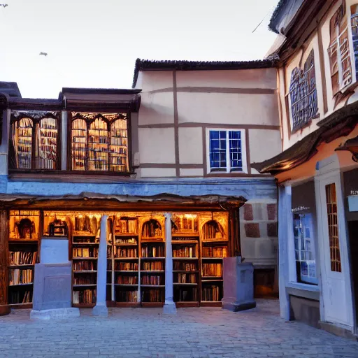 Prompt: a replica of old town as library, perpetually in twilight, with library bookshelves located outside in the streets