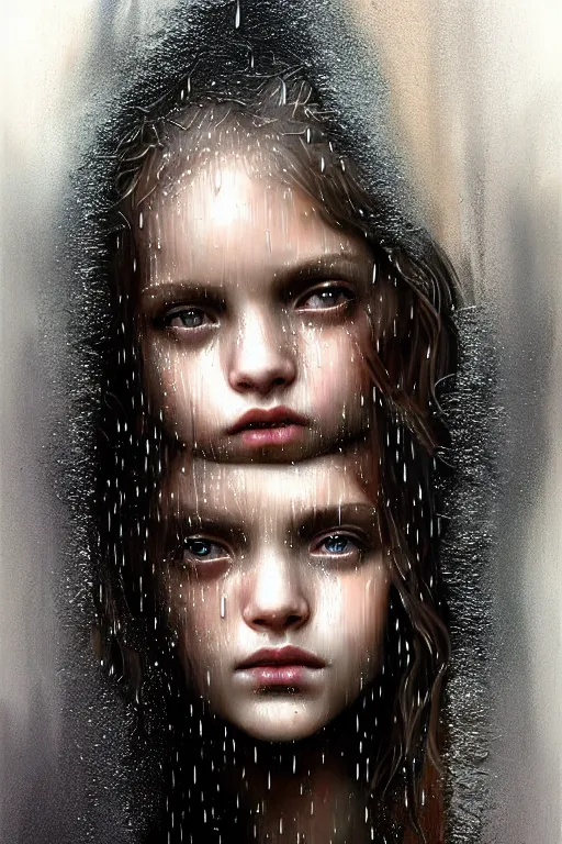 Image similar to portrait of a girl upside down in the rain with wet hair and face, fantasy, intricate, elegant, dramatic lighting, emotionally evoking symbolic metaphor, highly detailed, lifelike, photorealistic, digital painting, artstation, concept art, smooth, sharp focus, illustration, art by John Collier and Albert Aublet and Krenz Cushart and Artem Demura and Alphonse Mucha