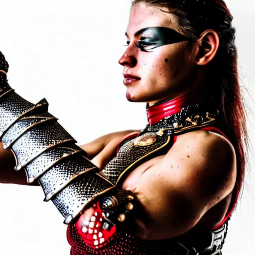 Prompt: photo of a real-life beautiful female warrior with ruby encrusted armour