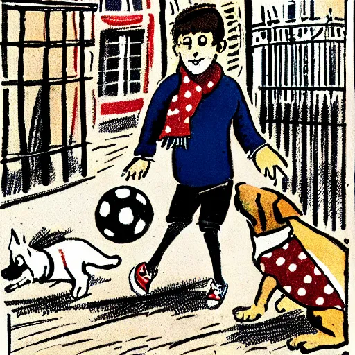 Image similar to illustration of french boy on the streets of paris playing football against a corgi, the dog is wearing a polka dot scarf, comic, 1 9 6 6