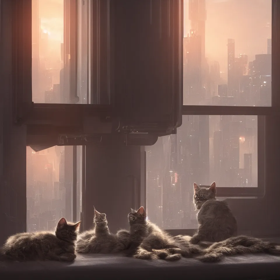 Prompt: Big european shorthair cat and small fluffy kitten in the apartment room looking to window in a cyberpunk city, soft god rays from city lights outside the window, unreal engine 5, soft neon atmosphere, photorealistic, soothing colors, somber melancholic matte painting, hyperrealism, hyperrealistic, cinematic masterpiece, cyberpunk style 8k ultrahd octane render