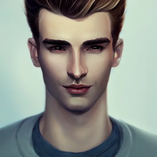 Image similar to tall man in his twenties with brown blond short quiff hair and round facial structure with cleft chin, straight eyebrows, slightly smiling, cheekbones, wide face, shadow of beard, atmospheric lighting, painted, intricate, 4 k, highly detailed by charlie bowater