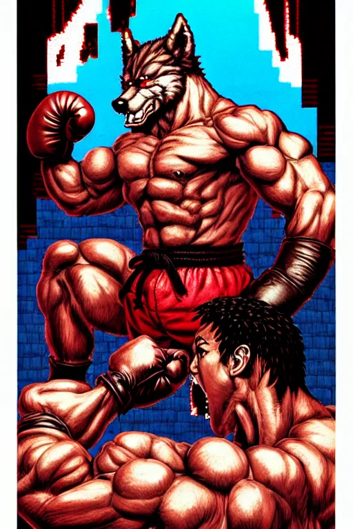 Image similar to extreme long shot. 8 bit nes graphics. antropomorphic muscular masculine wolf. kickboxer fighter, in shorts. wolf head. streetfighter, contra. fine details, very sharp, art from nes game cartridge, 8 0's, vhs artefacts, vaporwave style, marc simonetti and hermann nitsch