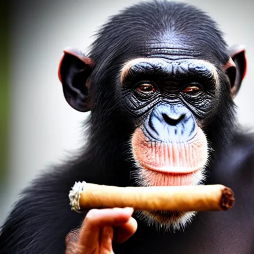 Image similar to a high detail closeup shot of a chimp wearing a suit, smoking a cigar