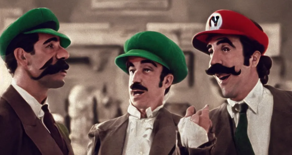 Image similar to a still image of Mario and Luigi in The Godfather, real, cinematic, 40mm f/2.8, 1970s film, movie