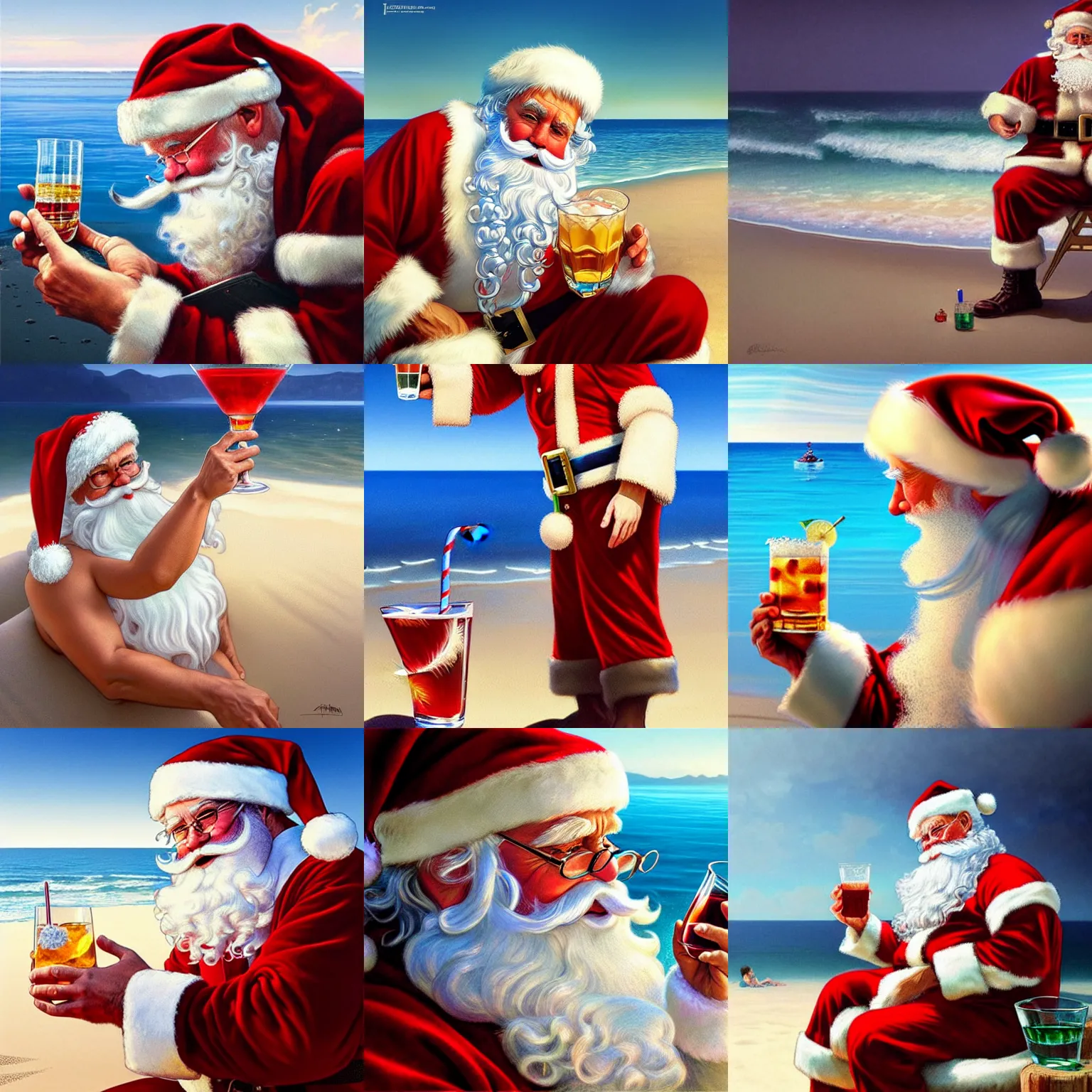 Prompt: ultra realistic illustration, santa claus on the beach with a drink, intricate, elegant, highly detailed, digital painting, artstation, concept art, smooth, sharp focus, illustration, art by artgerm and greg rutkowski and alphonse mucha