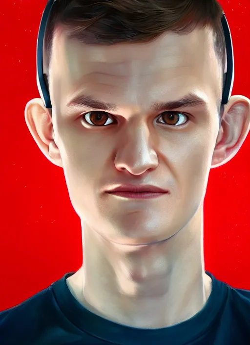 Image similar to portrait of vitalik buterin with hazel eyes, hazel colored eyes, red shirt, headphones, intricate, elegant, glowing lights, highly detailed, digital painting, artstation, concept art, smooth, sharp focus, illustration, art by wlop, mars ravelo and greg rutkowski