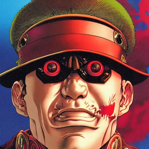 Image similar to portrait closeup of crazy m. bison, symmetrical, cinematic colors, by yoichi hatakenaka, masamune shirow, josan gonzales and dan mumford, ayami kojima, takato yamamoto, barclay shaw, karol bak, yukito kishiro