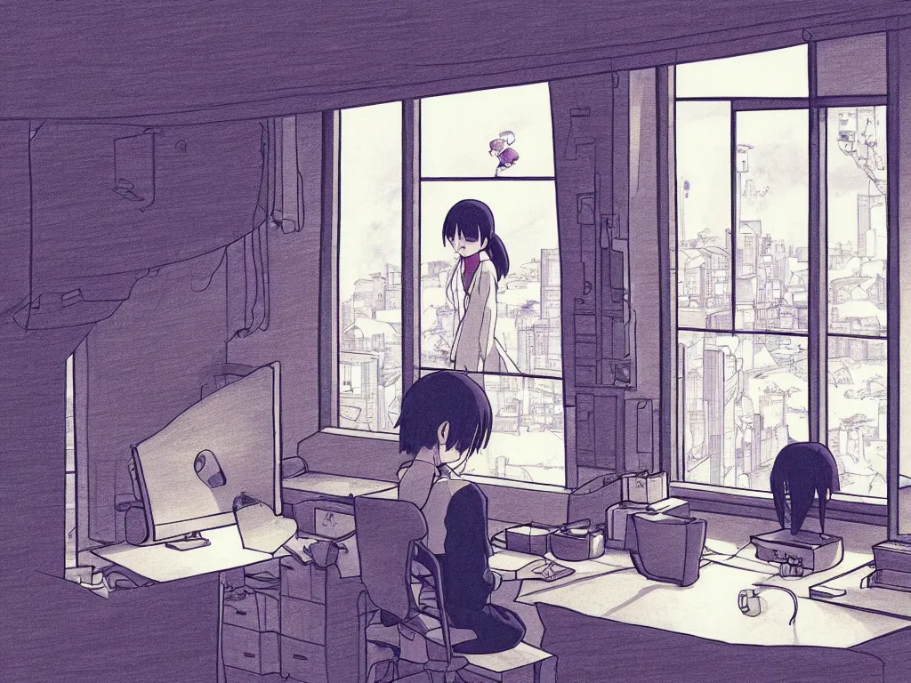 Image similar to beautiful drawing of a single female in her studio apartment sitting at her computer desk which is in front of a window which looks out to a futuristic city, japan, anime manga style, illustration, in the style of ghibli and hayao miyazaki and satoshi kon and shinichiro watanabe and sui ishida and makoto shinkai