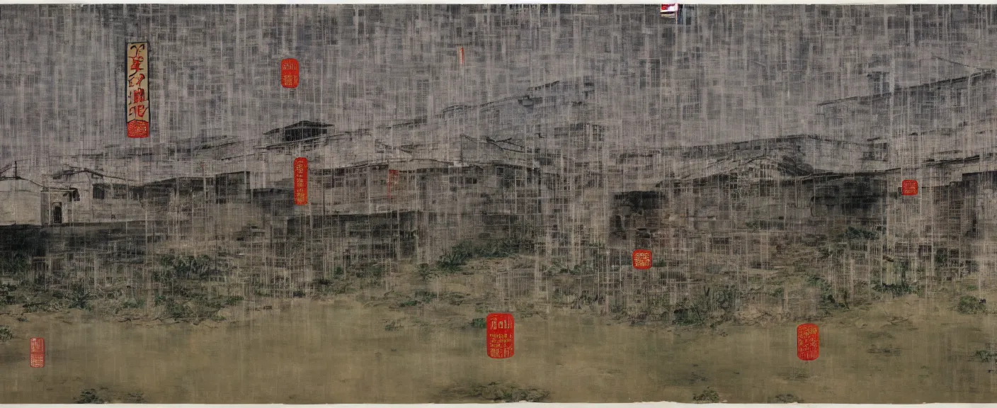 Image similar to a chinese prison near a river by peter doig, muted colors, overlaid with chinese adverts