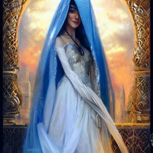 Image similar to a beautiful arabian woman wearing a wedding dress by karol bak, ayami kojima, artgerm, arabian beauty, blue eyes, smile, concept art, fantasy