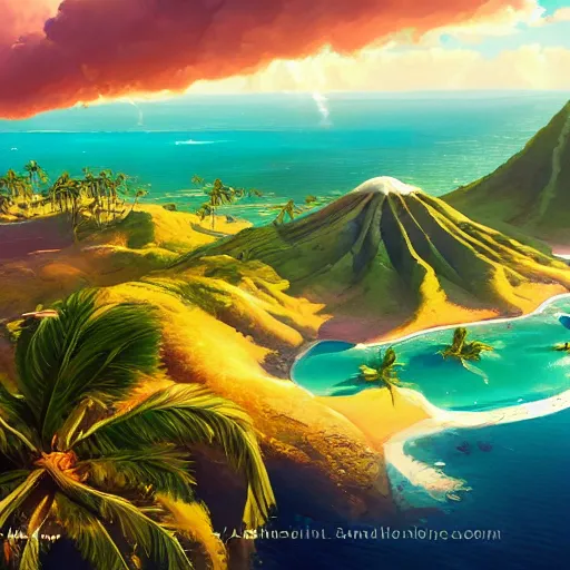 Image similar to a painting a breathtaking aerial view of Hawaiian islands, surrounded by palm trees, clouds, flowers, volcano, azure ocean, sunlight glistening, glow, , a detailed matte painting by sylvain sarrailh, Stephan Martinière, by RHADS, Makoto Shinkai, bokeh, Artstation contest winner, fantasy art, concept art, #vfxfriday