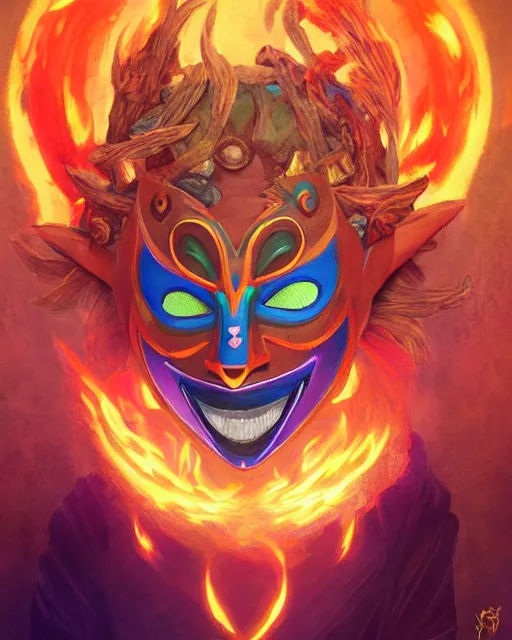 Prompt: happy mask salesman from zelda : majora's!!! mask, full body photo, flames everywhere, highly detailed, digital painting, artstation, concept art, smooth, sharp focus, illustration, art by artgerm and greg rutkowski and alphonse mucha