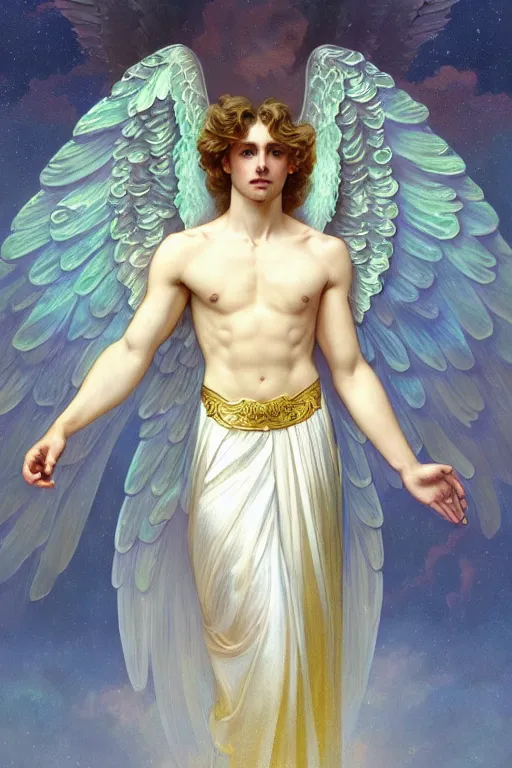 Prompt: fullbody portrait of a beautiful young fit male angel with curly blond hairs, soft smile, closed eyes, blessing hands, dressed in long fluent skirt, majestic symmetrical eagle wings, luminous halo, by greg rutkowski and alphonse mucha, gradient white to gold, in front of an iridescent background, highly detailed portrait, digital painting, smooth, sharp focus illustration