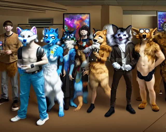 Image similar to high - resolution photograph from a nanopunk era furry fandom convention ( midwest furfest 2 0 4 7 ), taking place after the genetic revolution and singularity. photorealistic.