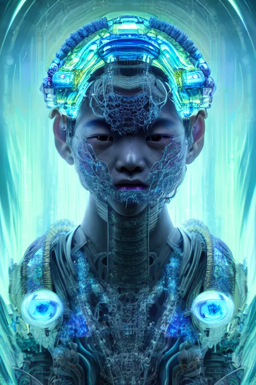 Image similar to asura from chinese myth, ghost, gorgeous and huge head ornaments, dystopian, cyberpunk, organic fractal mycelum and fungi, mecha, halfturn portrait of a big crystal face made of crystals half - turn, ominous, intricate, studio, art by anthony macbain + greg rutkowski + alphonse mucha, concept art, 4 k, sharp focus