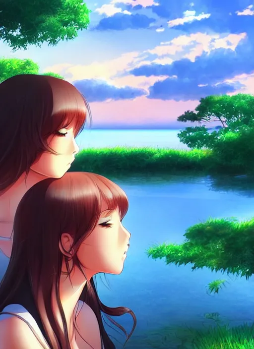 Image similar to two beautiful mothers out by the lake on a humid summer day, gorgeous faces, thick lines, cinematic lighting, detailed anime art