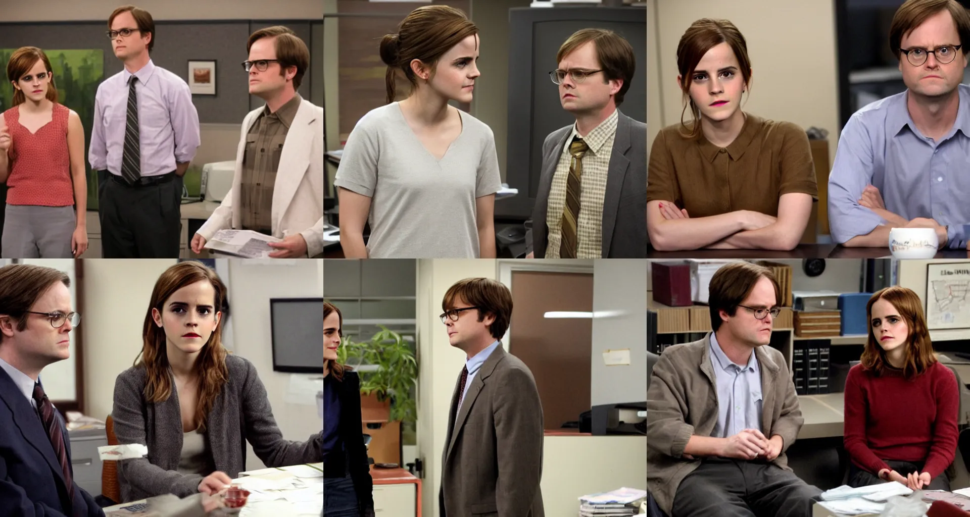 Prompt: Emma Watson and Dwight Schrute in The Office show