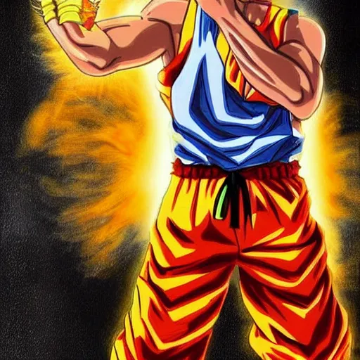 Image similar to nic cage as goku, buff, painted portrait, highly detailed,