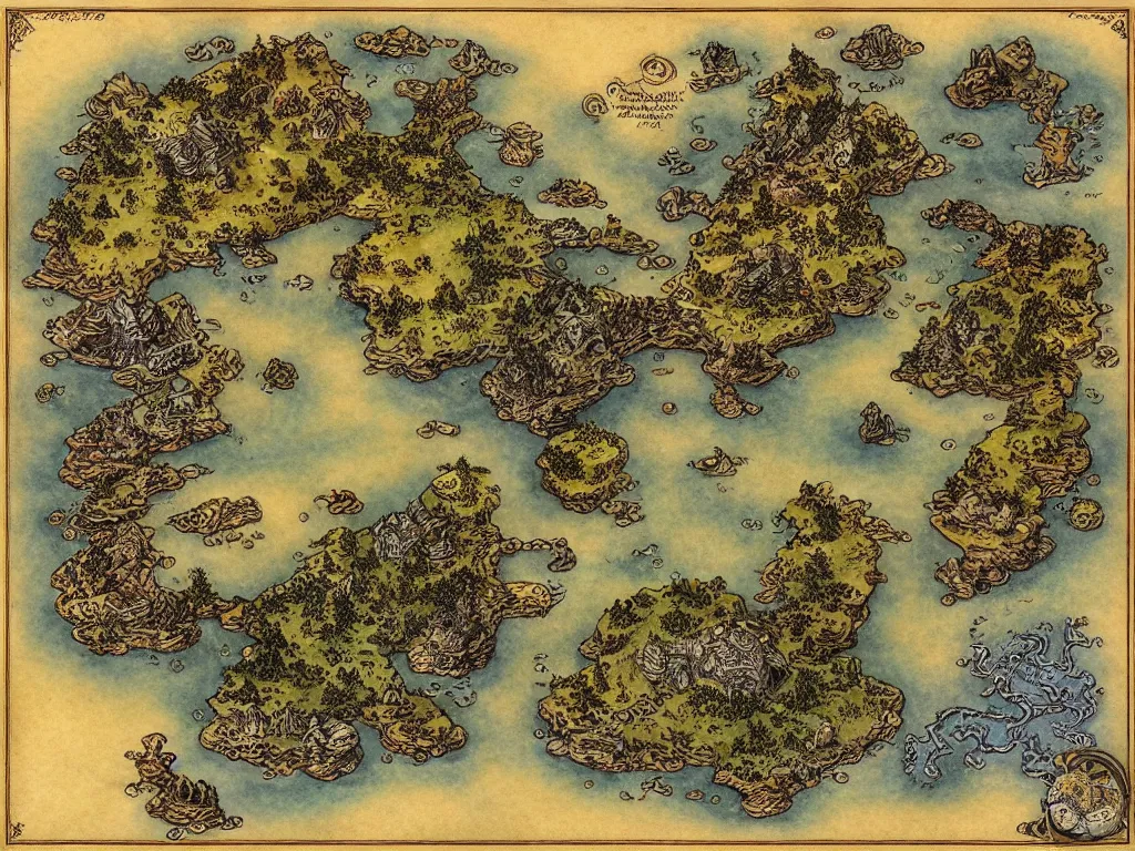 Prompt: an isometric fantasy map of a continent, the land of Odrua, uncluttered, bordered by ocean by brian froud by jrr tolkien in the dungeons and dragons and disney styles