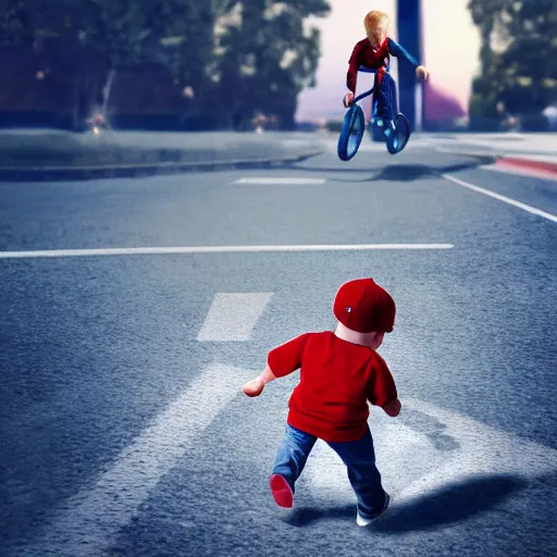 Prompt: trump chasing a child, octane render, highly detailed, hyper realistic.