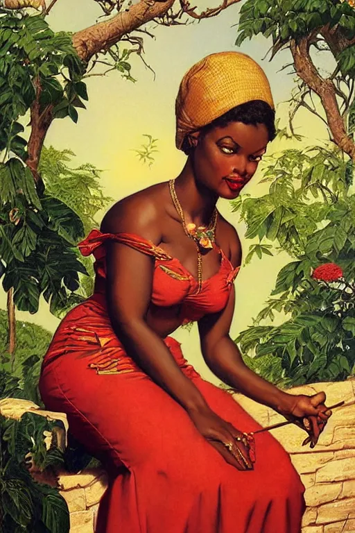 Image similar to an african queen by gil elvgren and norman rockwell and rob gonsalves, hyperrealistic, high detail