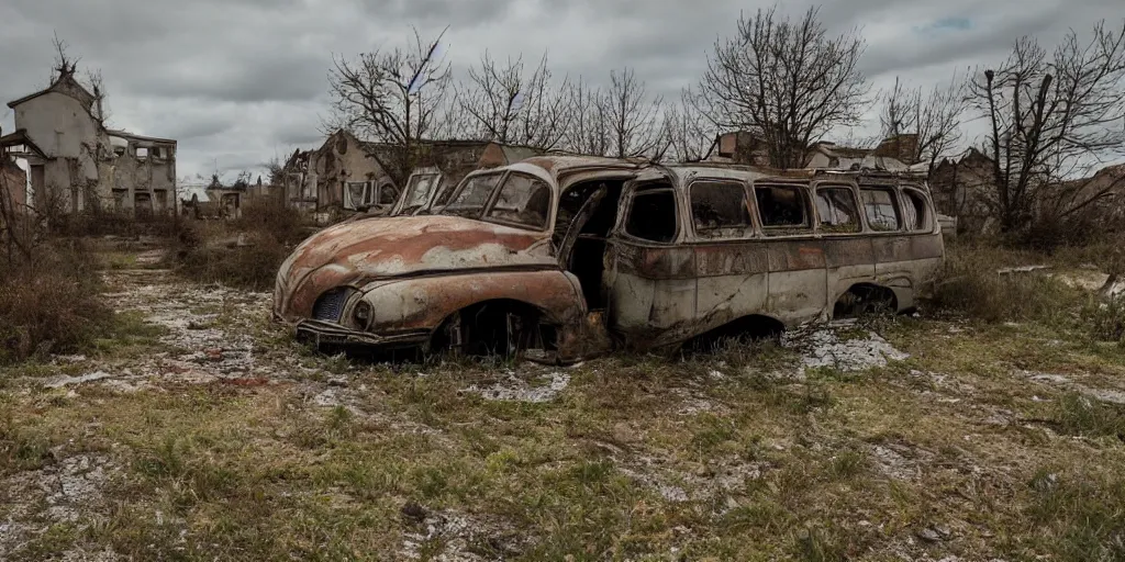 Image similar to low wide angle shot of dilapidated fallout 5 europa, retro futuristic overgrown euro rural town, desolate, dilapidated houses, few rusted retro futuristic vintage parked vehicles like cars, volumetric lighting, photorealistic, daytime, spring, clear weather, sharp focus, ultra detailed, 3 5 0 0 k