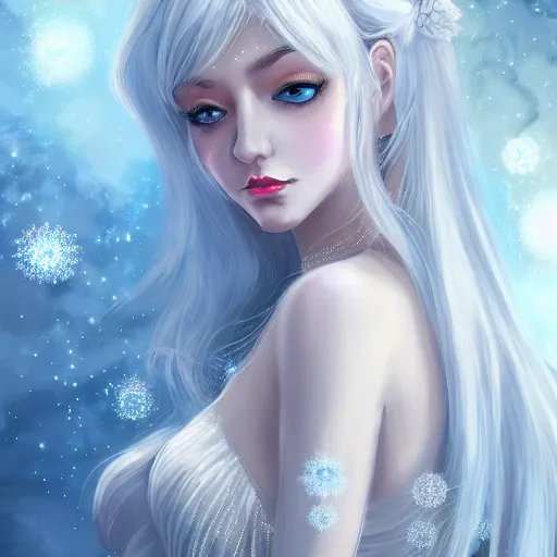 Image similar to A portrait of an attractive young female ice angel, beautiful long white hair, wearing ice crystals, intricate, highly detailed, elegant, digital painting, trending on artstation