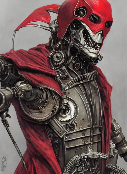 Image similar to portrait of rotten Nicolas Cage as adeptus mechanicus in red hood and robe from Warhammer 40000. Highly detailed, artstation, illustration by and John Blanche and zdislav beksinski and wayne barlowe