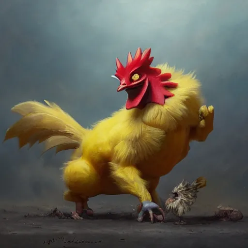 Image similar to expressive oil painting of ( ( ( rooster ) ) ) pikachu chimera, by jean - baptiste monge, octane render by yoshitaka amano, by greg rutkowski, by jeremyg lipkinng, by artgerm