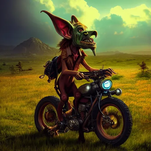 Image similar to a goblin wearing high riding boots riding a steampunk motorcycle on a dirt road in a meadow in mid day, volumetric light, hyperdetailed, artstation, cgsociety, 8k