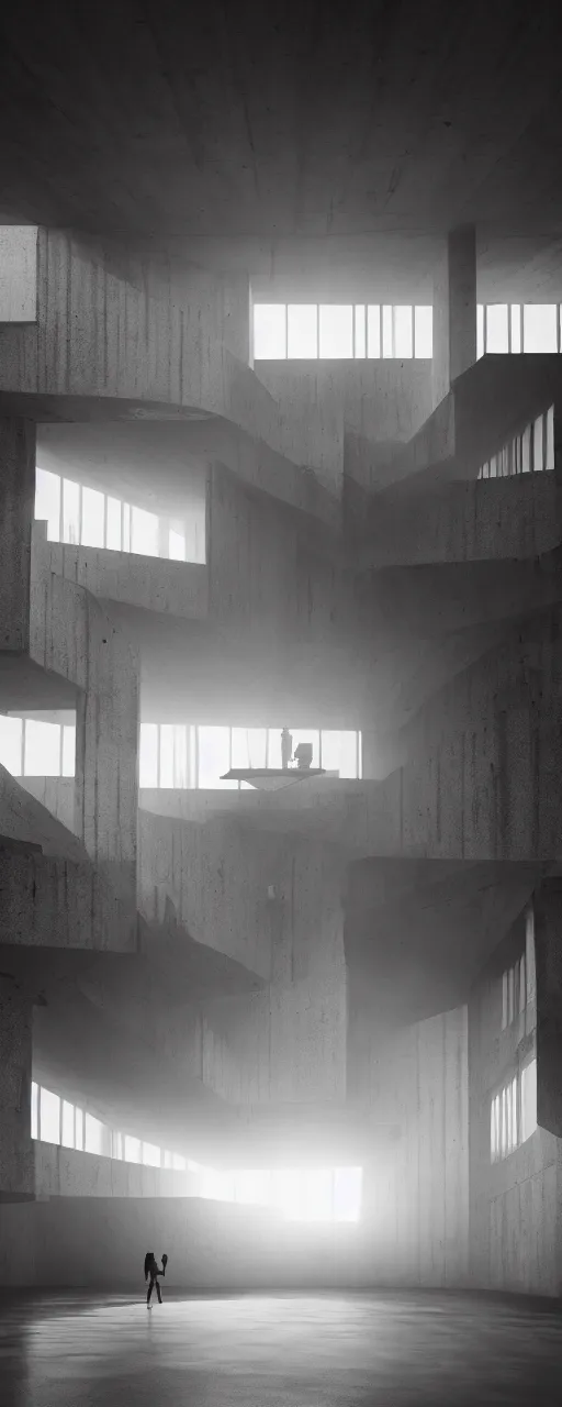 Prompt: Hyper Realistic Interior brutalist building with a person floating!!!, Godrays at sunset, hard shadows, volumetric fog, Hyper realistic film photography, Zeiss 24mm f1.8, Hasselblad, insanely detailed