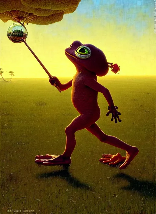 Prompt: pepe the frog walking in summer dawn, norman rockwell, tim hildebrandt, bao phan, bruce pennington, larry elmore, oil on canvas, deep depth field, masterpiece, cinematic composition, hyper - detailed, hd, hdr