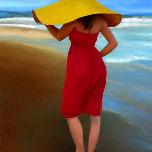 Prompt: beautiful oil matte portrait painting, young woman with red dress and mustard yellow summer hat at a beach on a sunny day, wonderful masterpiece highly detailed, beautiful cinematic light deep focus, elegant, digital painting, smooth, sharp focus, golden ratio, dramatic illumination, ultra realistic, 8 k, art by jenny saville