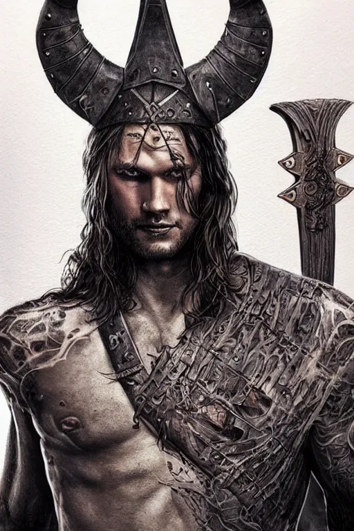 Prompt: front portrait of attractive sam winchester as a viking warrior, clothes torn apart, muscular chest tattooed with runes and symbols, d & d!, fantasy style, sharp focus!, ultra detailed, art by artgerm and peter andrew jones, wlop