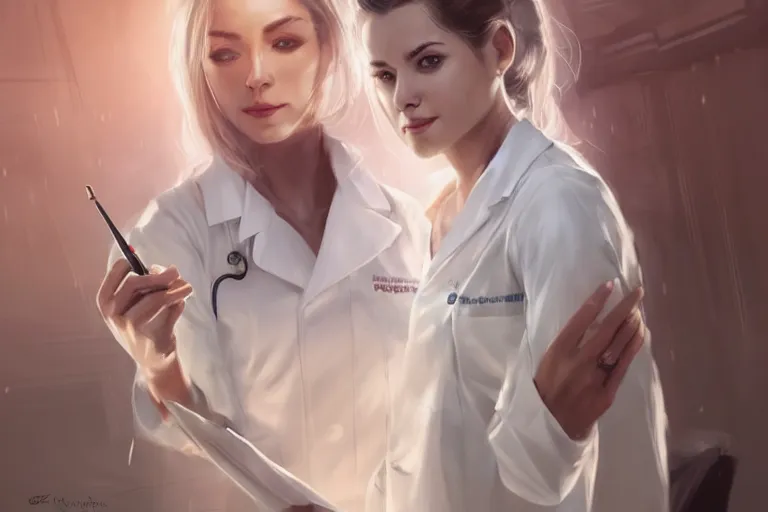 Image similar to an elegant and beautiful female doctor in a white coat working in a hospital ward, cinematic, highly detailed, digital painting, artstation, concept art, matte, sharp focus, illustration, art by artgerm and greg rutkowski