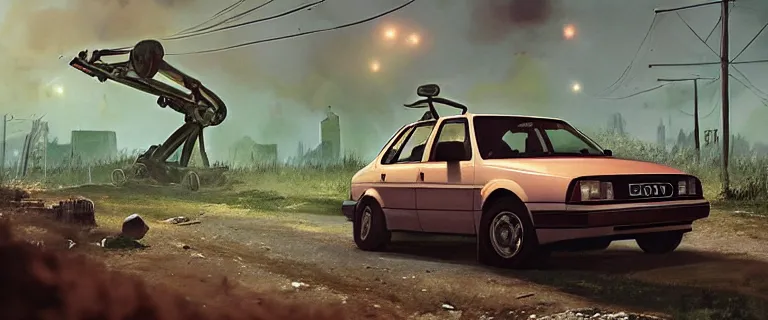 Prompt: Scrap Audi 80 B3 Avant (1988) facing a strider, Half-Life 2: Episode 2 (PC), a post-apocalyptic outland, dramatic lighting, cinematic, establishing shot, extremely high detail, photorealistic, cinematic lighting, artstation, by simon stalenhag