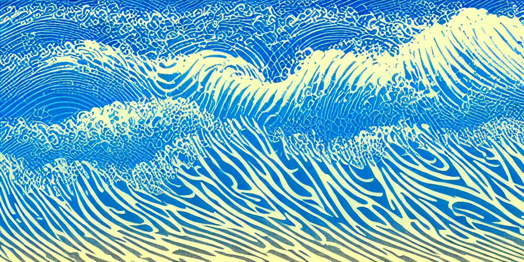 Prompt: clouds and waves, An aesthetically pleasing, dynamic, energetic, lively, complex, intricate, detailed, well-designed digital art of a beach, ripples, waves, sea foam, light and shadow, overlaid with aizome patterns, Shin-hanga by Bob Ross, traditional Japanese colors, superior quality, masterpiece, featured, trending, award winning, HDR, HD, UHD, 4K, 8K, anamorphic widescreen