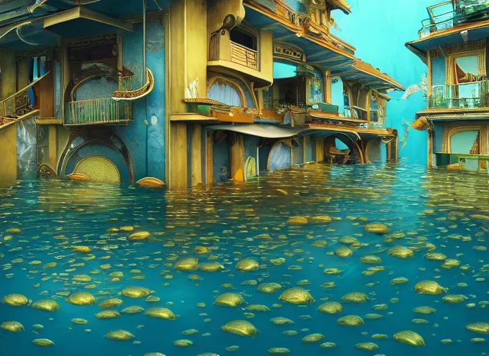 Image similar to art nouveau favela, underwater environment, scenery, professional, award - winning, trending on artstation, hyper detailed, realistic, beautiful, emotional, shiny, golden, picture