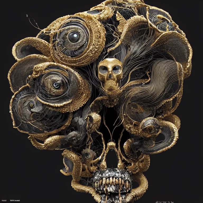 Image similar to black background. absolutely symmetrical sculpture. centered. goddess princess face close-up portrait ram skull. sculpture made of gold and black charcoal. jellyfish phoenix head, nautilus, orchid, skull, betta fish, bioluminiscent creatures, intricate artwork by Tooth Wu and wlop and beeple. octane render, trending on artstation, greg rutkowski very coherent symmetrical artwork. cinematic, hyper realism, high detail, octane render, 8k