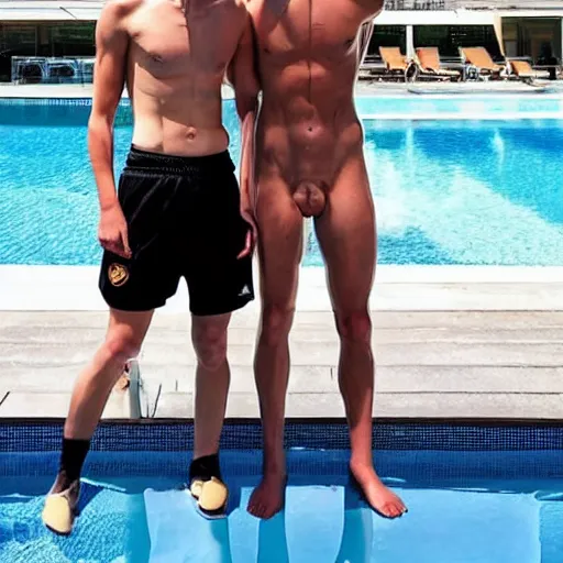 Image similar to a realistic detailed photo of a guy who is an attractive humanoid who is half robot and half humanoid, who is a male android, soccer players martin ødegaard & timo werner, shiny skin, posing like a statue, blank stare, by the pool, on display, showing off his muscles, many copies of them