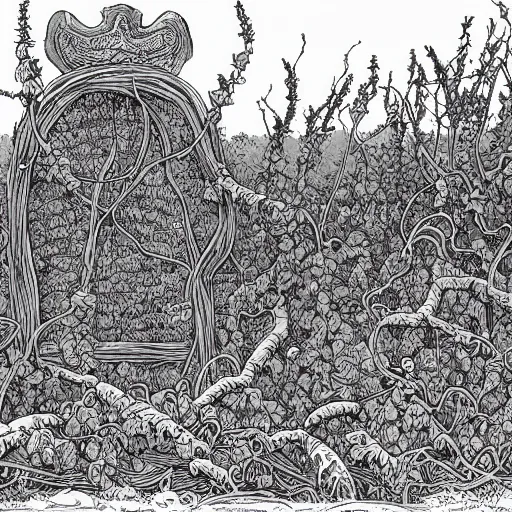 Prompt: precisely drawn illustration of ancient cemetery overgrown with blackberry vines and lavender flowers, wide angle, sharp, fine details, French comic style, vibrant realistic colors, full color, heroic fantasy, intense line art, 8k, precise linework, realistic, in the style of Richard Corben and Moebius