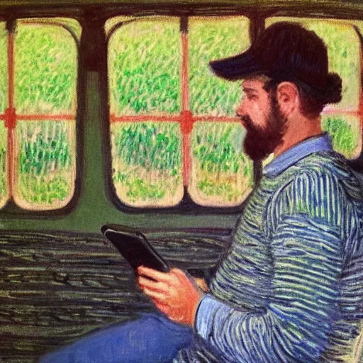 Prompt: guy with baseball hat and striped shirt siting in a bus and looking at his smartphone by monet