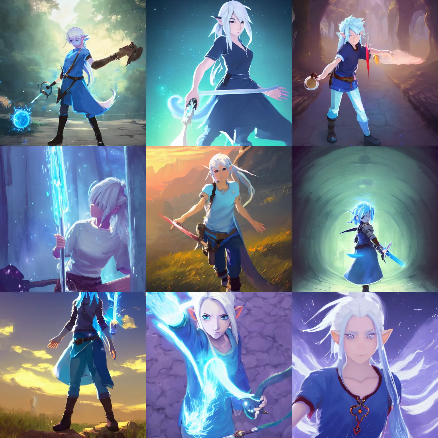 Prompt: photography of a girl sorcerer with white hair, jeans, and a blue tshirt, learning how to use magic. radiating blue energy. photorealistic, magical atmosphere, by Andreas Rocha, guillaume tholly, Gthl.art, Makoto Shinkai, genshin impact, Breath of the wild, studio ghibli. Trending on ArtStation. award winning