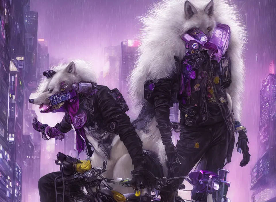 Prompt: award winning beautiful portrait commission of a male furry anthro albino wolf fursona with a tail and a cute beautiful attractive detailed furry face wearing stylish black, purple and yellow cyberpunk biker clothes standing on top of a high rise in a cyberpunk city at night while it rains. Character design by charlie bowater, ross tran, artgerm, and makoto shinkai, detailed, inked, western comic book art